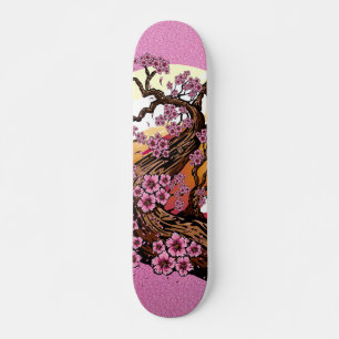 Skateboard Fleur de cerisier rose pailletée Coucher de soleil