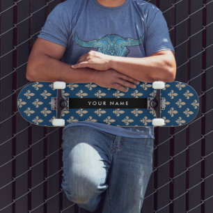 Skateboard Fleur de Lis, Beige sur Bleu Nuit, Royal, Votre No