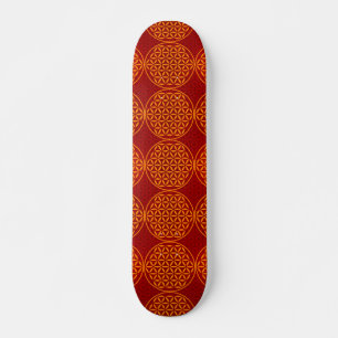 Skateboard Fleur de vie - motif de timbre - orange rouge