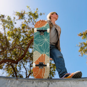 Skateboard Fleurs abstraites sarcelle, orange et chamois