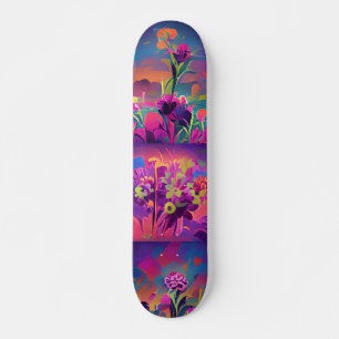 Skateboard Fleurs dans un champ coloré art numérique abstrait
