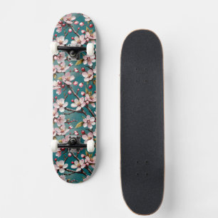 Skateboard Fleurs de cerisier roses sur un fond sarcelle luna
