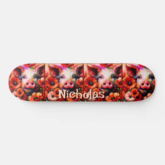 Skateboard Fleurs de cochon rouge impressionniste Personnalis (Horz)