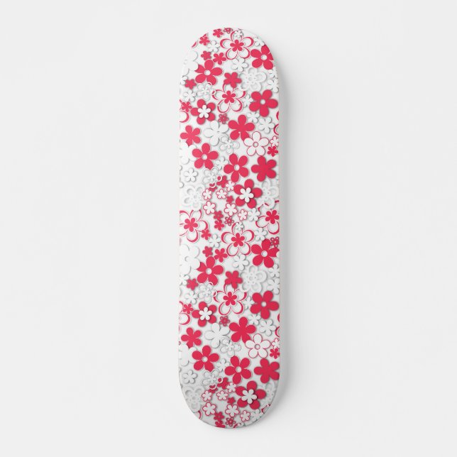 Skateboard Fleurs de papier rouge et blanc (Devant)