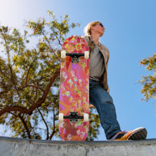Skateboard Fleurs de Sedum Succulentes Rouges sur Orange Brûl
