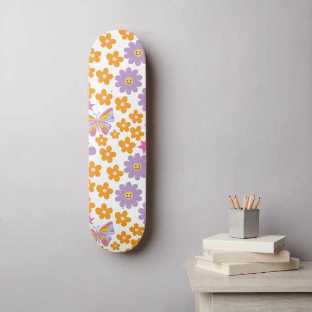 Skateboard Fleurs des années 90 mignonnes Papillons orange vi (Art mural)