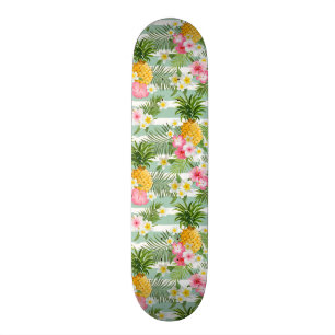 Skateboard Fleurs et ananas tropicaux sur les rayures
