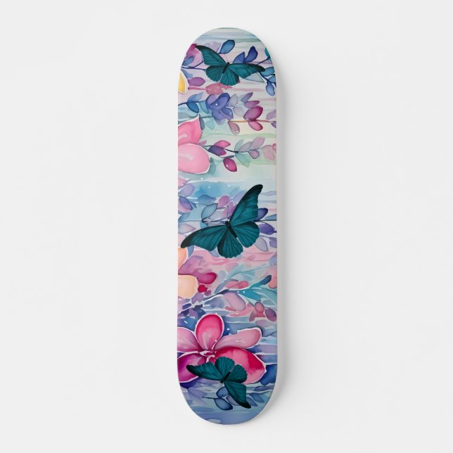 Skateboard Fleurs et papillons d'inspiration vintage (Devant)