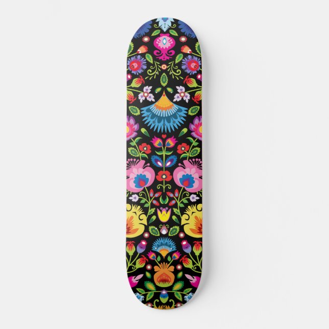 Skateboard Fleurs folkloriques Wycinanki noir (Recto)