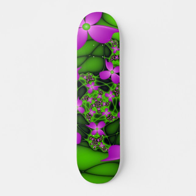 Skateboard Fleurs fractales Abstraites de néon rose vert (Devant)
