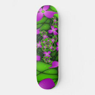 Skateboard Fleurs fractales Abstraites de néon rose vert
