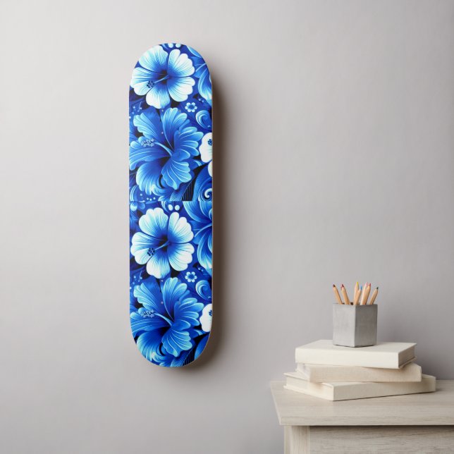 Skateboard Fleurs hawaïennes tropicales Hibiscus Cobalt Bleu (Art mural)