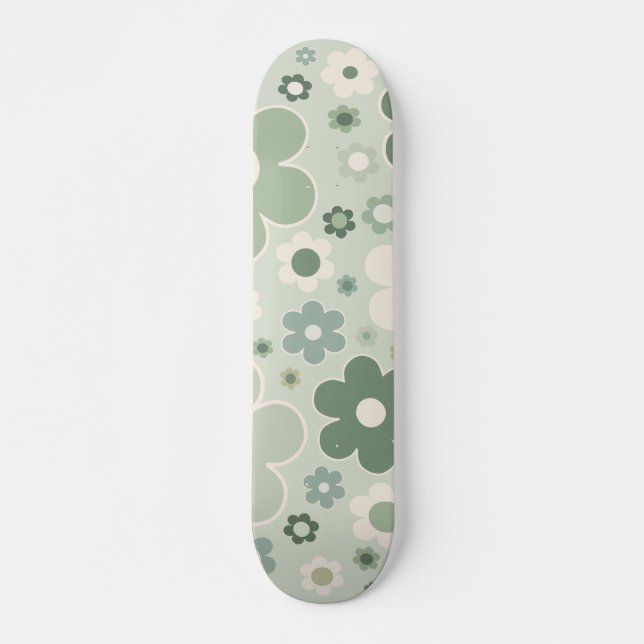 Skateboard Fleurs rétro Sage Vert Abstrait Floral (Devant)