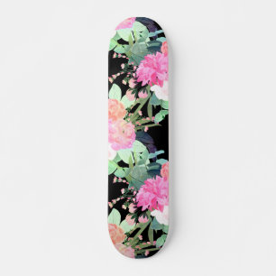 Skateboard Fleurs roses et noires tendance Aquarelle Design