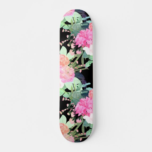 Skateboard Fleurs roses et noires tendance Aquarelle Design (Devant)
