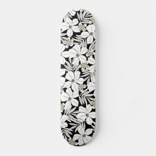 Skateboard Fleurs tropicales blanches en noir