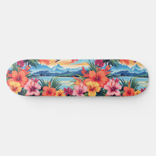 Skateboard Fleurs tropicales colorées et paysage