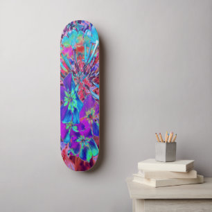 Skateboard Floraison Abstraite violet et fleurs bleues