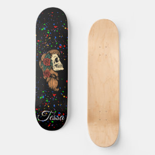 Skateboard Floral Skull Woman Splatz Script Monogramme Nom
