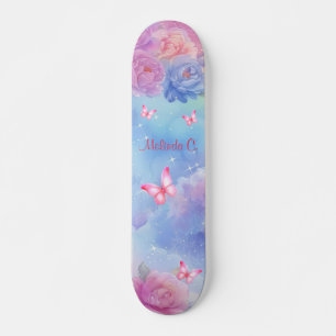 Skateboard Florales roses et papillons roses Nuages arc-en-ci
