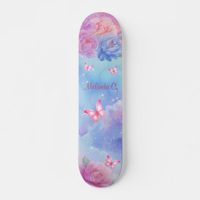 Skateboard Florales roses et papillons roses Nuages arc-en-ci (Devant)