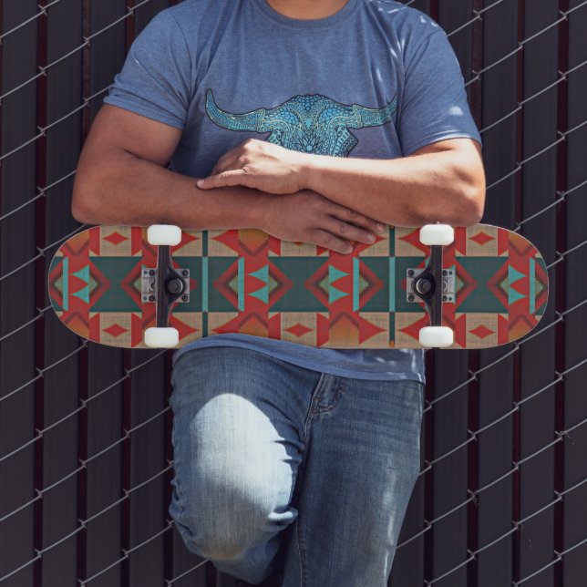 Skateboard Funky Turquoise Bleu Rouge Orange Brown Tribal Art (Extérieur 3)