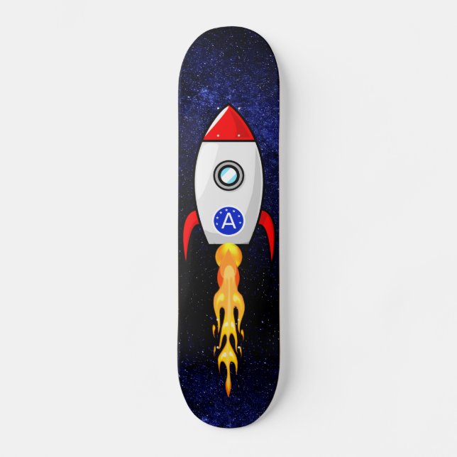 Skateboard fusée spatiale et monogramme sur galaxie (Recto)