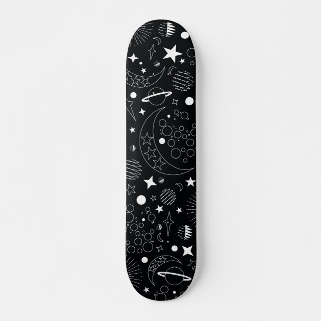 Skateboard Galaxie cosmique céleste noire et blanche (Devant)