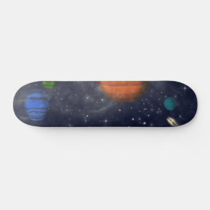 Skateboard Galaxies with stars and planets in space