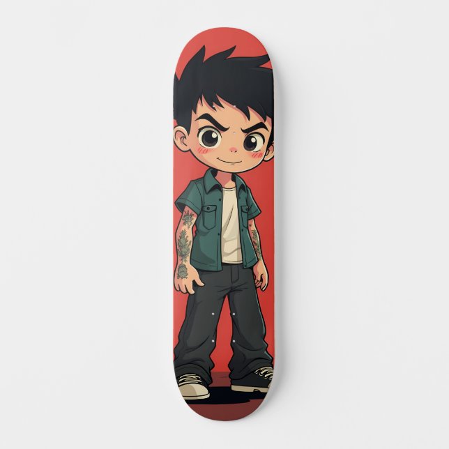 Skateboard Garçon aux tatouages style cartoon (Recto)