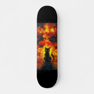 Skateboard Gato Negro en Estilo Acuarela con Fondo Llameante