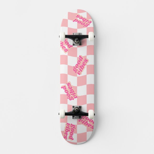 Skateboard Good Vibes Girl Pastel rose À damiers blanc (Recto)
