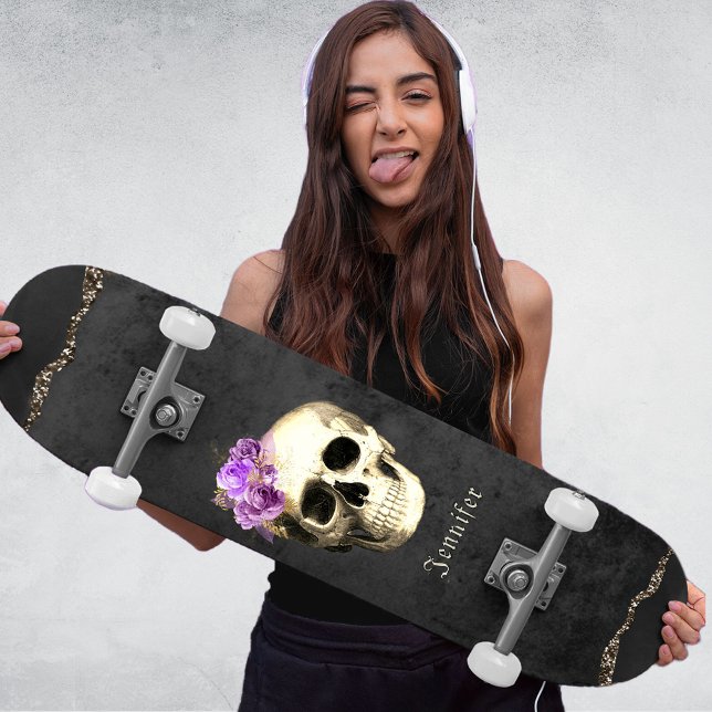 Skateboard Gothique Crâne violet Roses personnalisés (Créateur téléchargé)