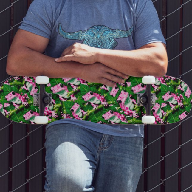 Skateboard Grenouille Rose Sur La Feuille Verte Motif Design (Créateur téléchargé)