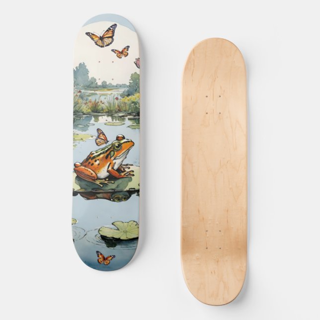 Skateboard Grenouille sur un tapis de Lily avec des papillons (Recto)