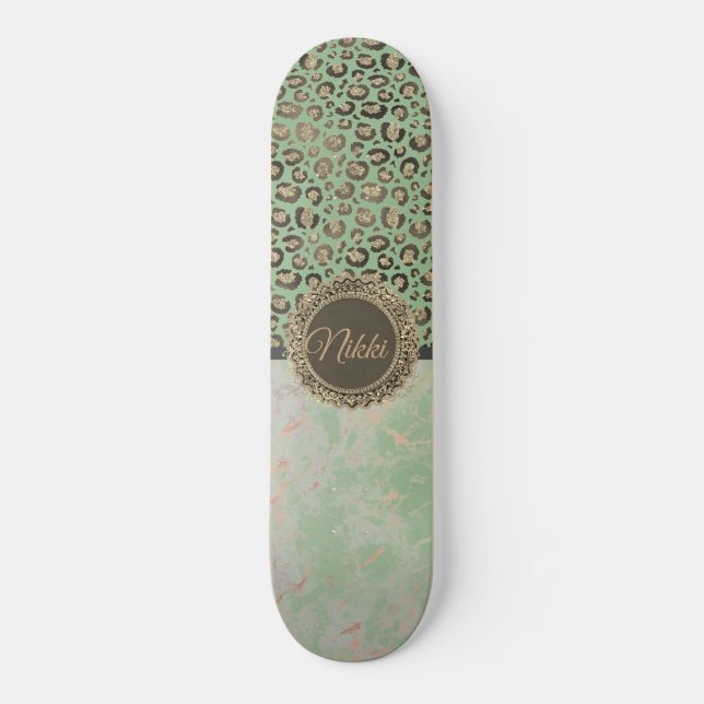 Skateboard Grille de marbre vert Leopard doré personnalisé (Recto)