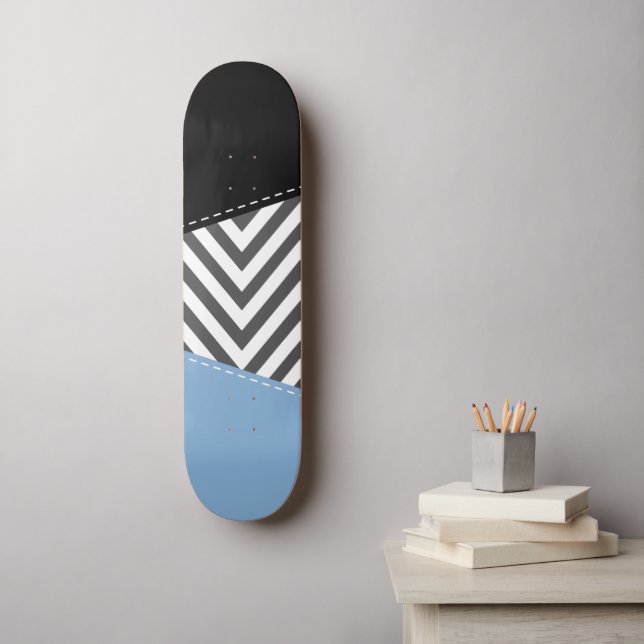 Skateboard Gris Zigzag, Gris Chevron, Motif Zigzag, Bleu (Art mural)