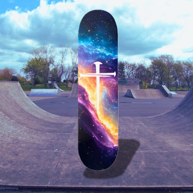 Skateboard Gros trois clous traversent la galaxie violette Ch (Large Three Nails Cross Purple Galaxy Christian Skateboard)