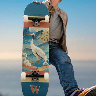 Skateboard Grue oiseau avec montagnes et arbres d'automne Jap