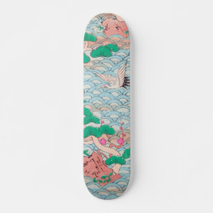Skateboard Grues japonaises sur vagues Motif Vintage