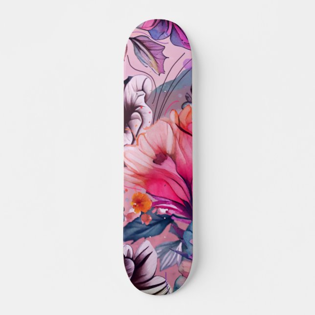 Skateboard Hello Spring Happiness Time, aquarelle florale (Devant)