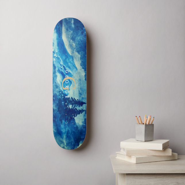 Skateboard Hiver Aquarelle Montagnes Paysage Monogramme (Art mural)