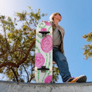 Skateboard Illustration des vignes à fleurs vertes et roses