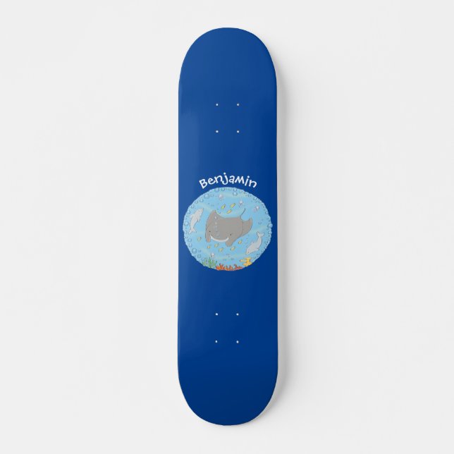 Skateboard Illustration d'une mignonne raie manta et de bulle (Devant)