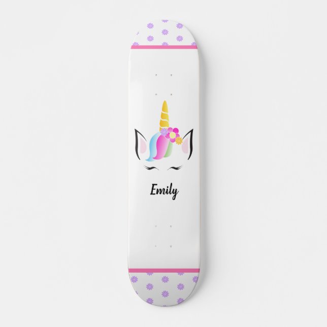Skateboard Illustration Unicorn Couronne Nom de la fille rose (Devant)