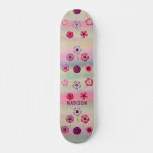 Skateboard Iridescente Moderne Fille Rose Purple Fleurs Nom