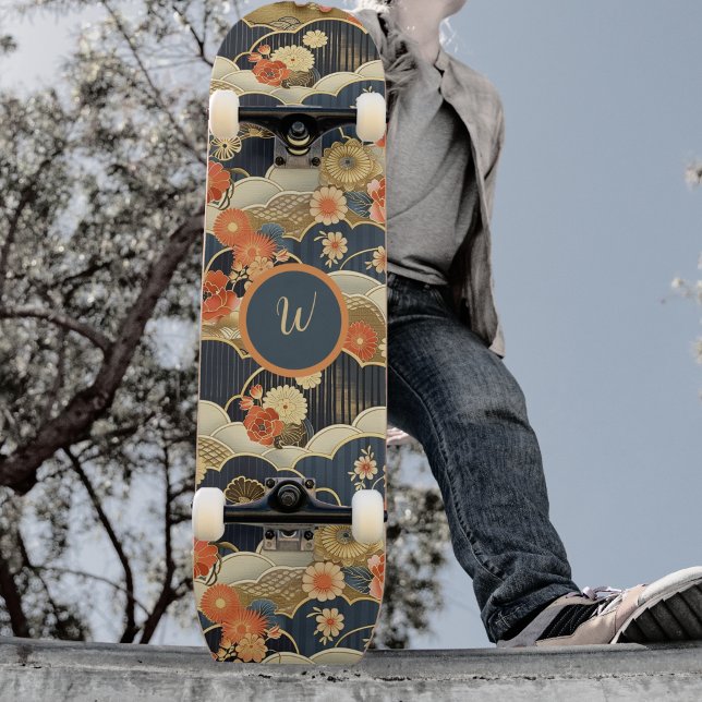 Skateboard Japanese Style Retro Teal Floral n Clouds Initial (Créateur téléchargé)