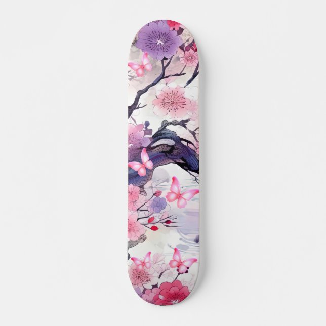 Skateboard Japonais Cerise Fleur & Papillons (Devant)