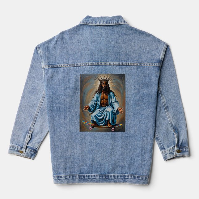 Skateboard Jesus Crowned King Streetwear Tee Denim Jacket (Back)