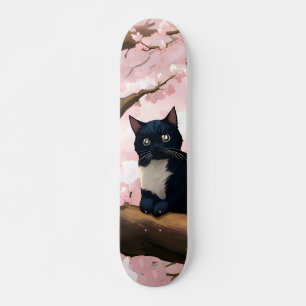 Skateboard Joli Chat Sur Un Arbre En Fleurs De Cerisier